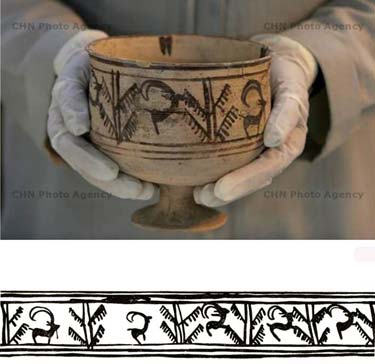 Painted buff ware chalice with moving goat that is a first sample of animation in the world dated back to 2800 B.C (4800 years before present)
